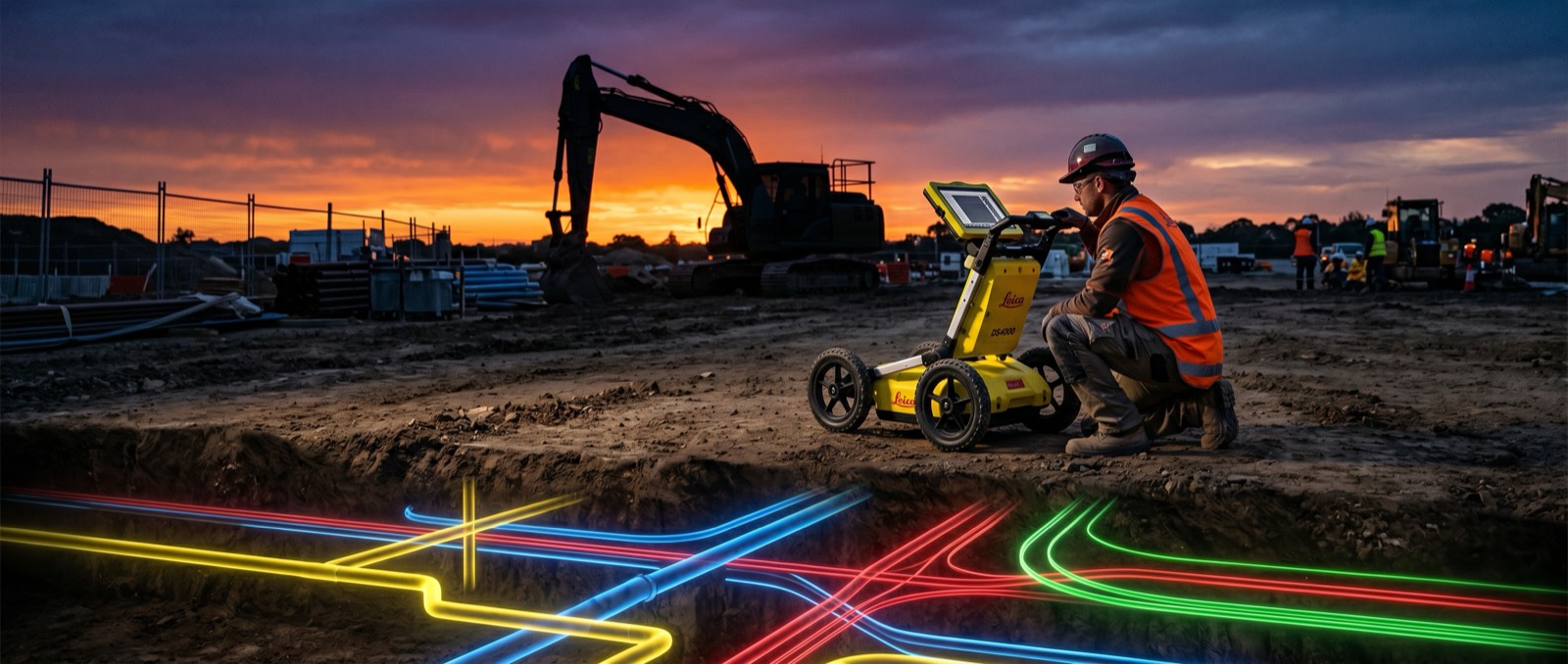 Illustration of a GPR unit scanning for buried utilities on a jobsite at dusk