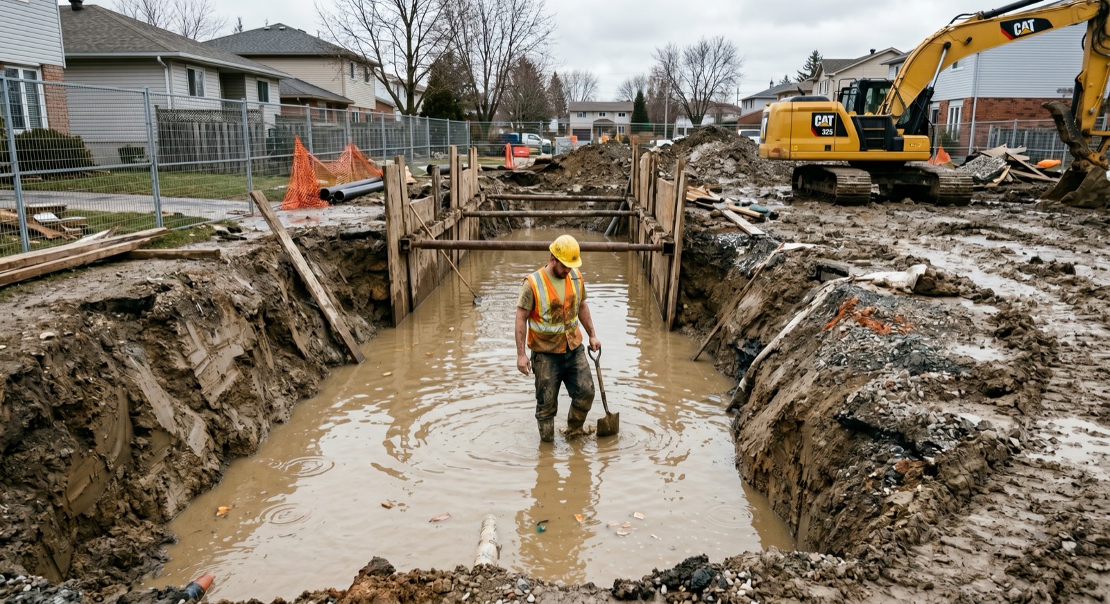 Deep construction trench flooded with brown groundwater before dewatering begins — the problem that pumps solve