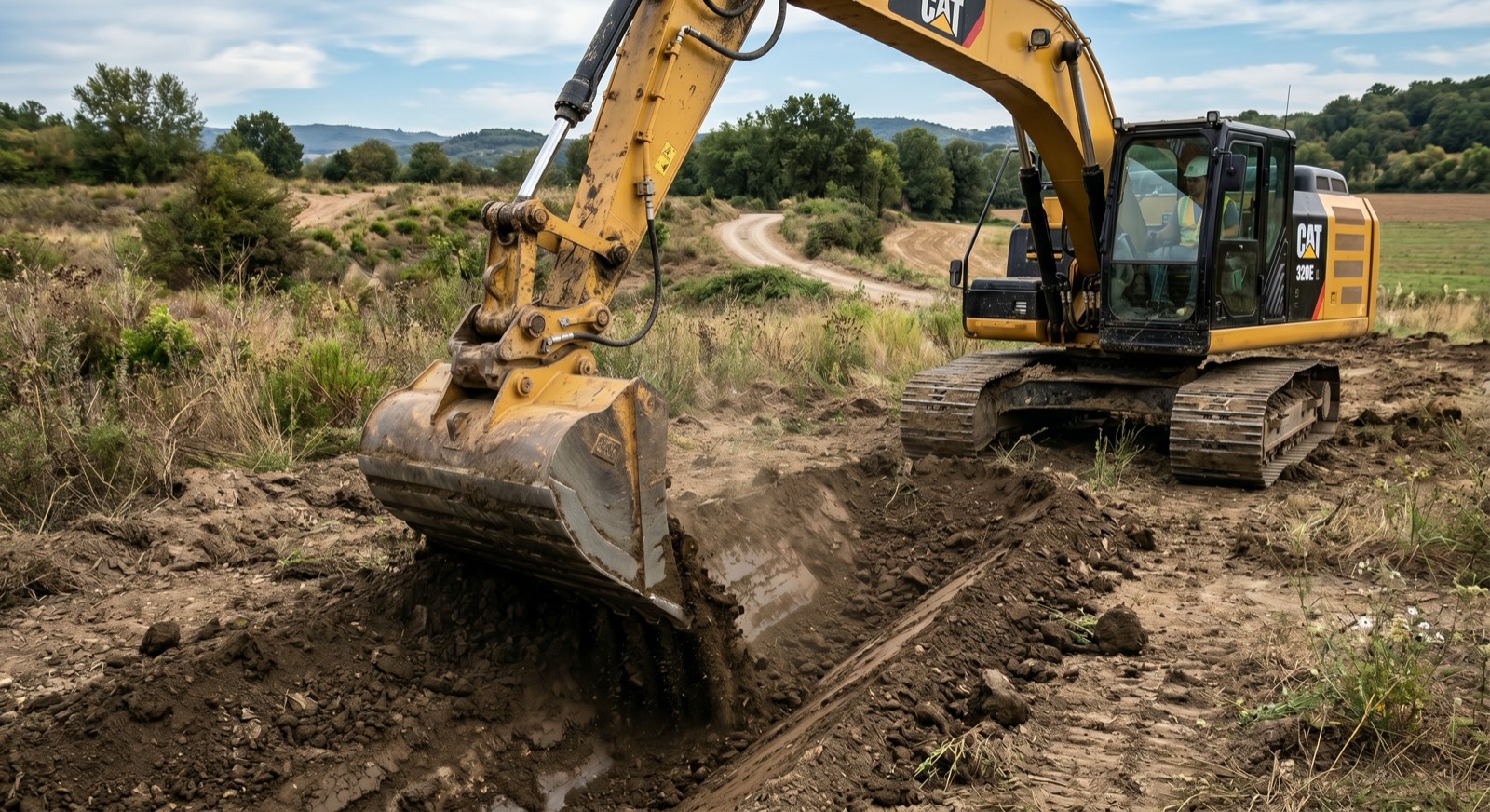 Excavator cutting a utility trench with groundwater already seeping into the bottom of the cut