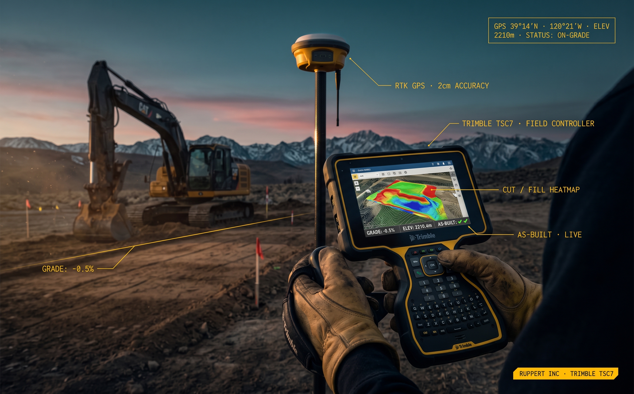 Errol Kerr running Trimble TSC7 field controller with cut/fill heatmap on a Sierra excavation jobsite