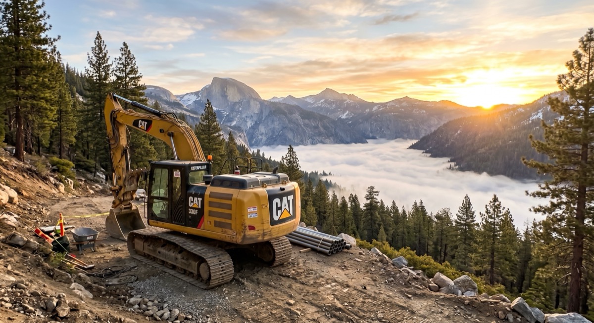Excavator working open ground in the Sierra Nevada after spring snowmelt, Errol Kerr excavation