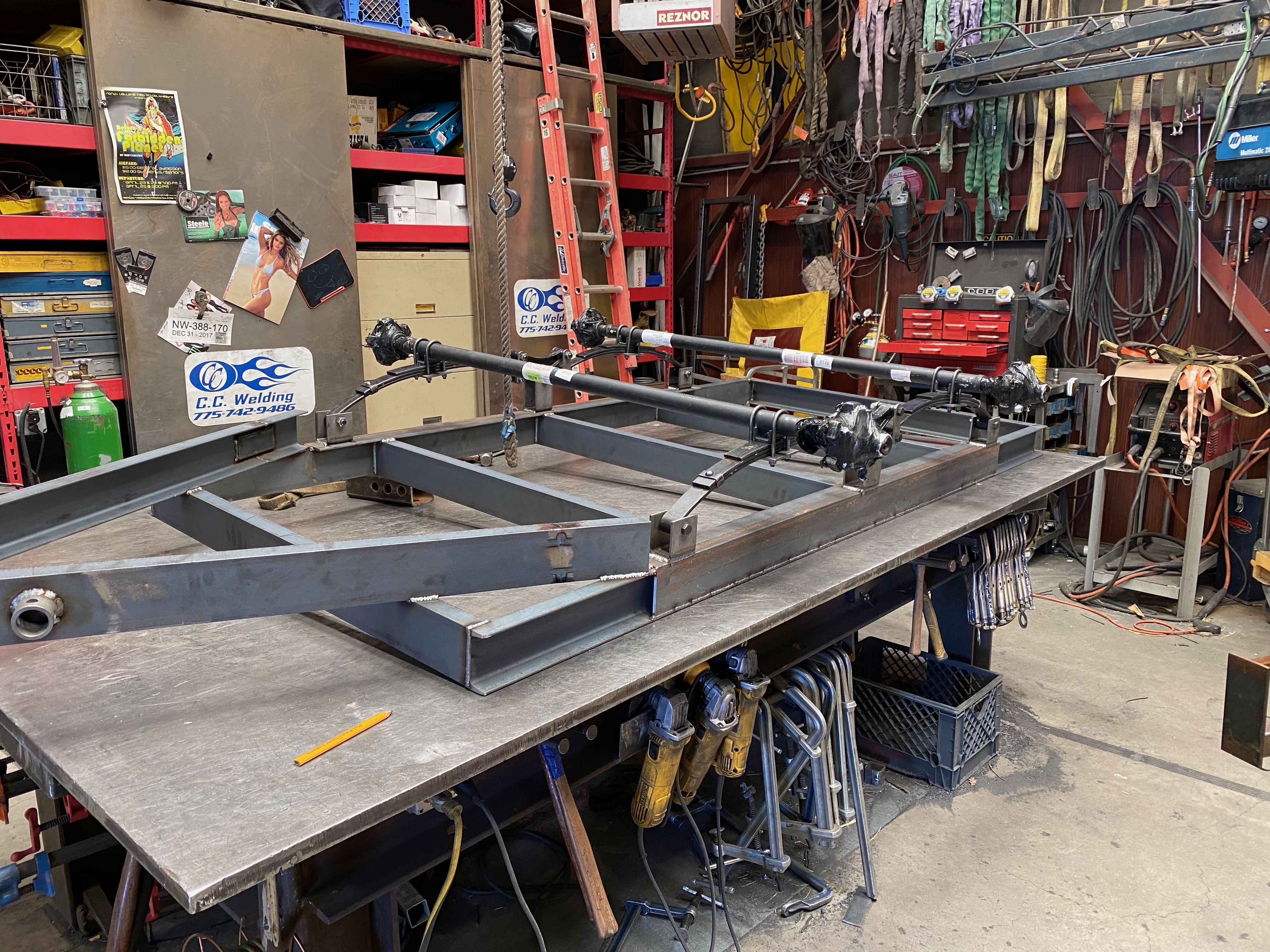 Trailer frame with axle on welding table