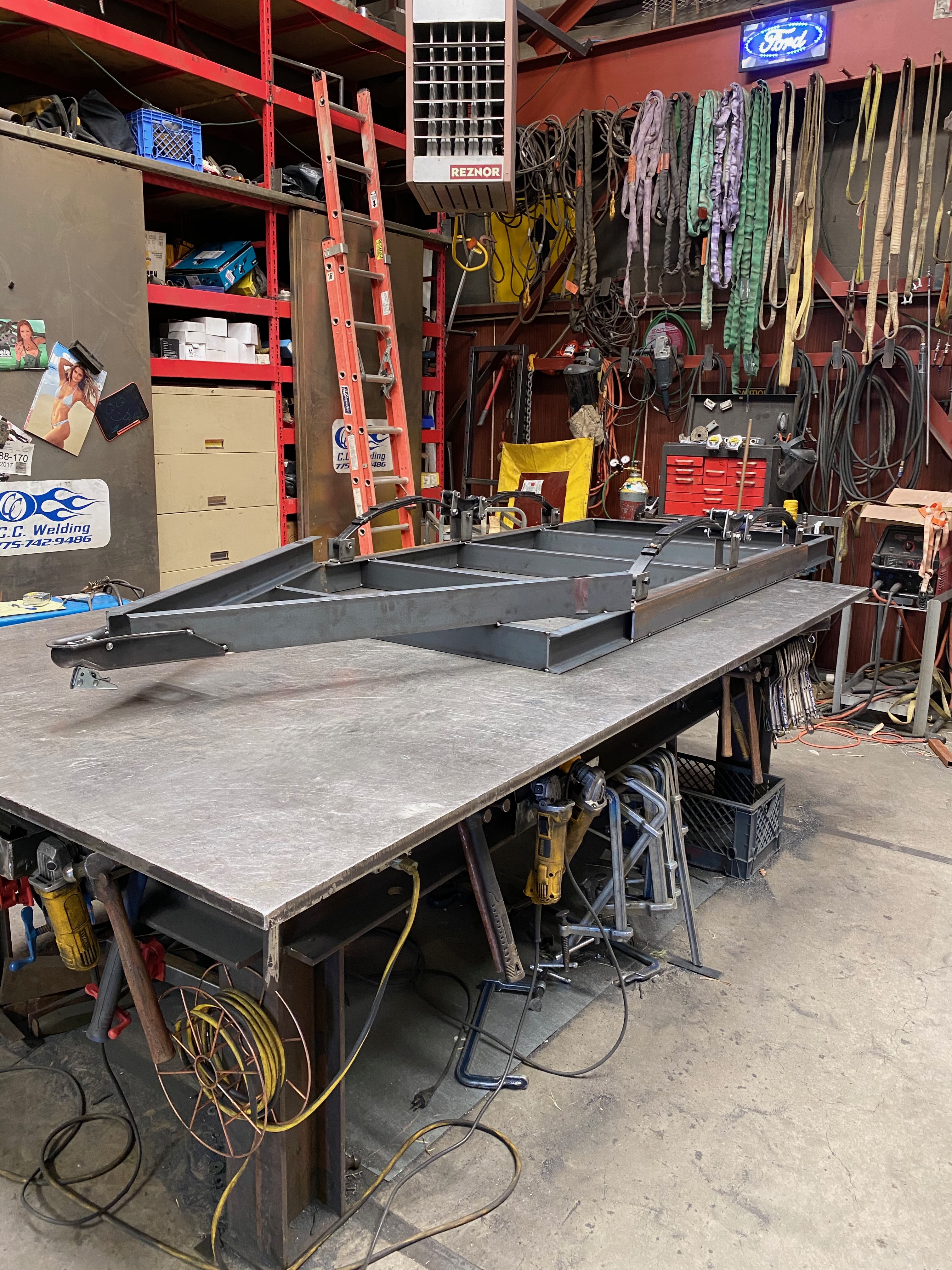 Trailer frame assembly on welding table